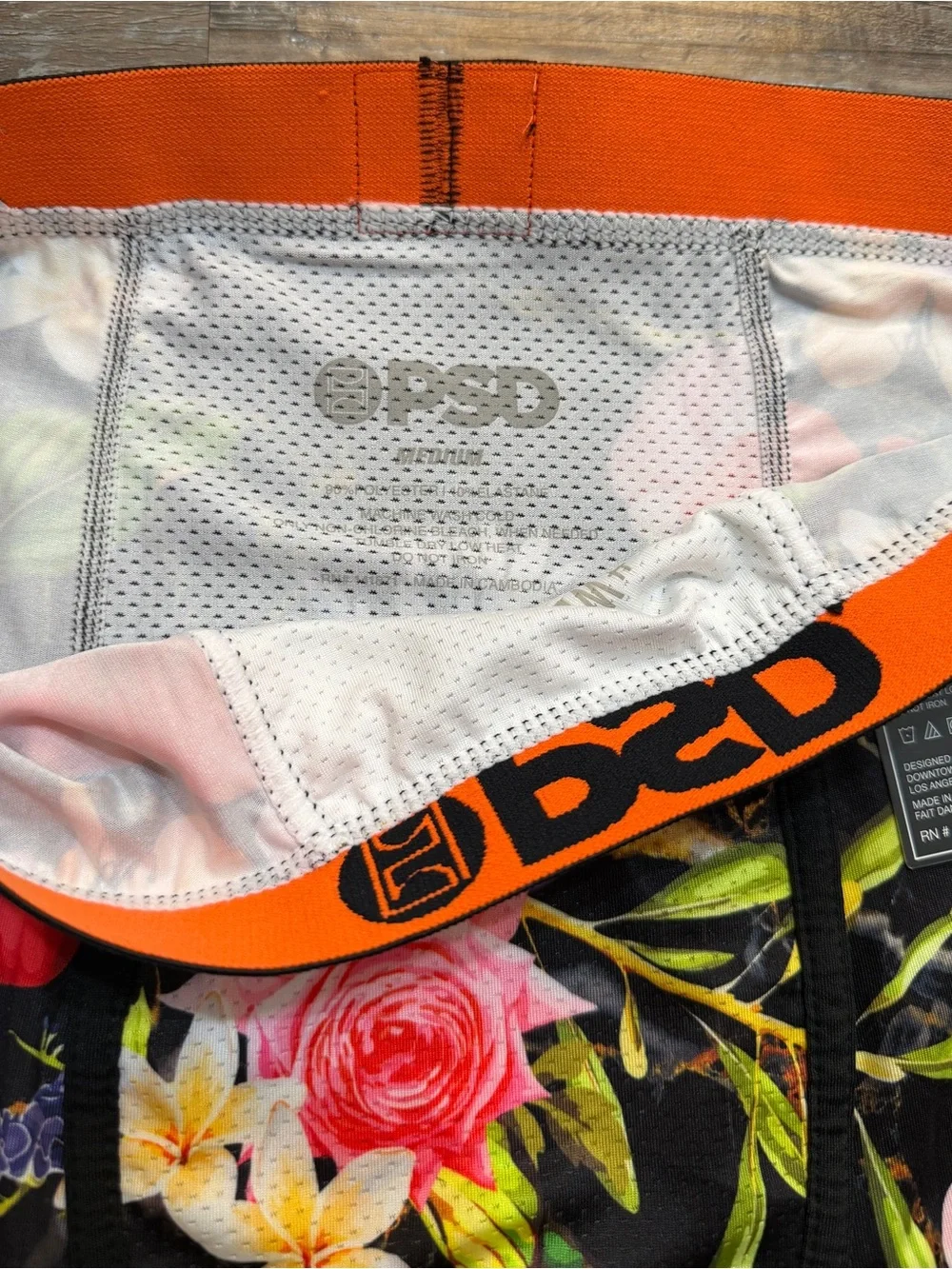 PSD Men’s Black Boxer Briefs with Orange Waistband & Multicolor Floral Print